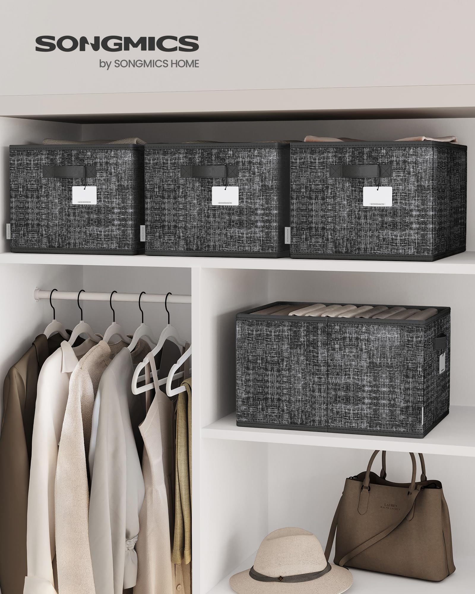 SONGMICS Collapsible Storage Boxes, Set of 3 Fabric Storage Baskets, 40 x 30 x 24 cm, Wardrobe Storage Organisers, 2 Handles - Image 2