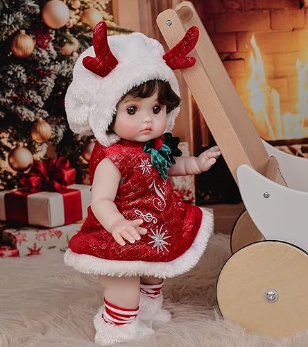 Miniatura 4 de Muñecas Reborn Baby  Muñeca realista de vinilo de 18 pulgadas con pelo rizado marrón, pecas pintadas a mano y acogedor traje de asta de Navidad para