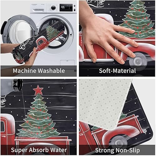 Miniatura 6 de Felpudo de bienvenida con texto en inglés "Merry Christmas" para entrada de nieve, tapete de cocina suave para interiores, árbol de Navidad, camión,