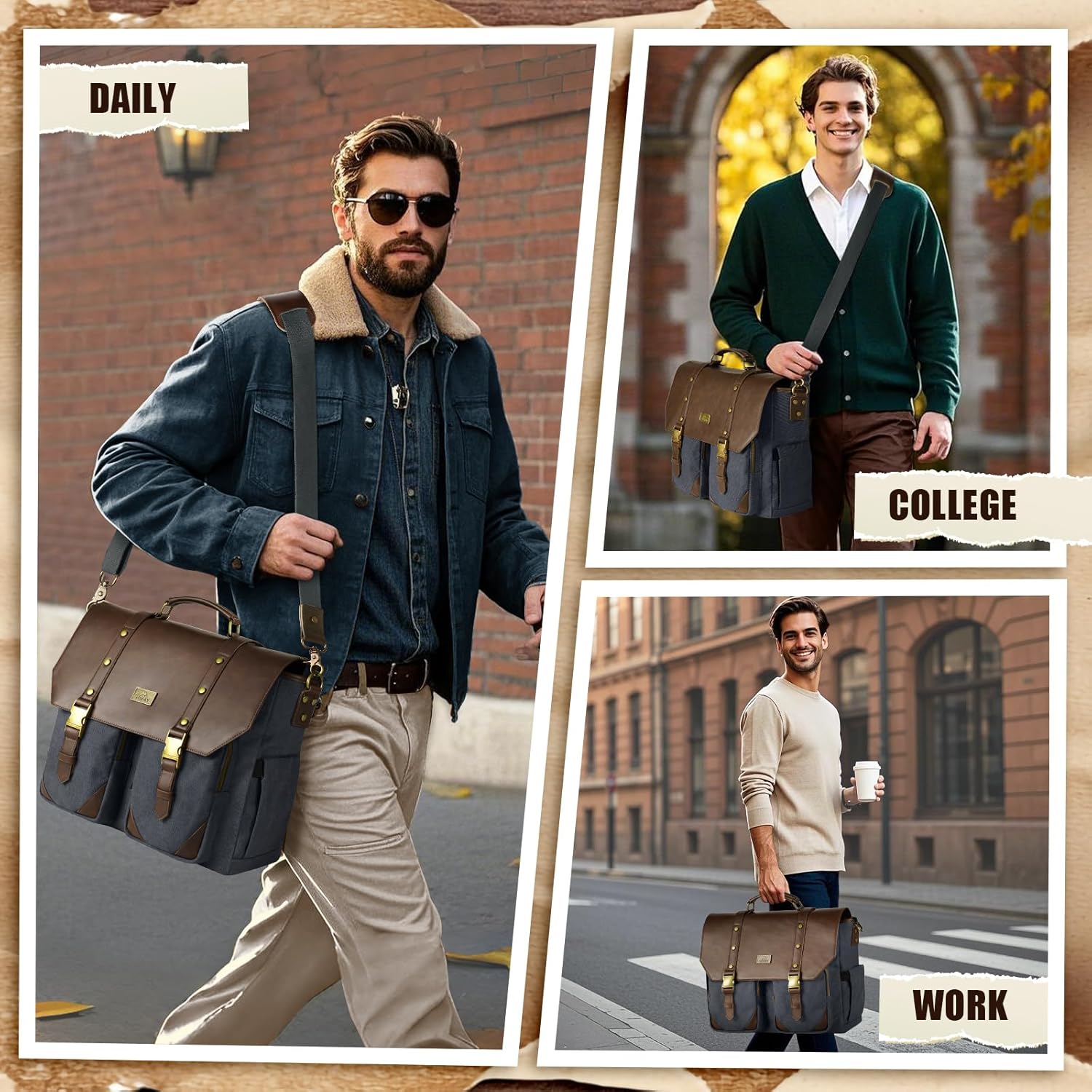 MATEIN Professional Work Bag with USB Port & RFID Blocking, Vintage 15.6 Inch Laptop Messenger Bag Canvas Briefcase for Men, Water Resistant Computer Sachel for Commuting, Brown & Charcoal Grey - Image 2