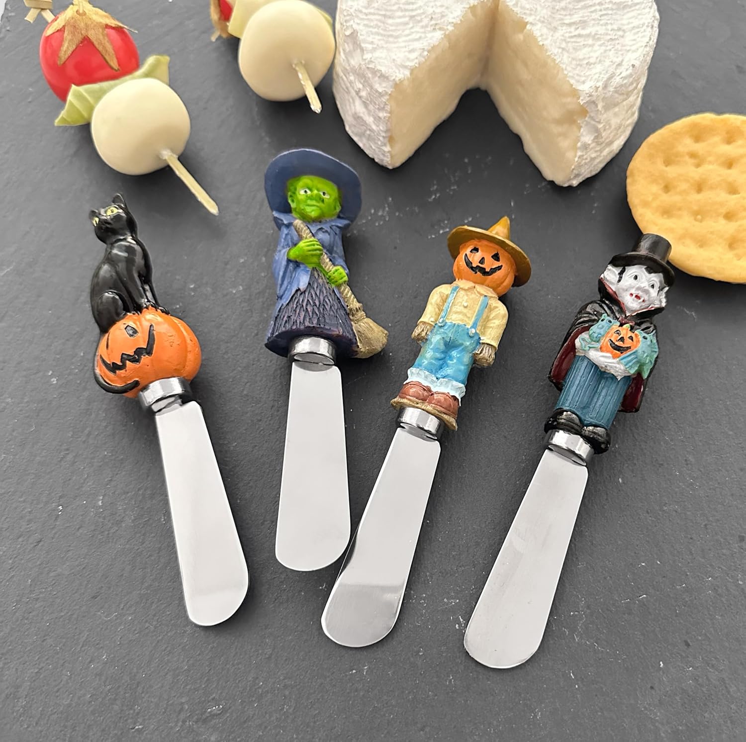Supreme Housewares Cheese and Butter Spreader Knives Halloween Decor 8-Piece Hand Painted Resin Handle with Stainless Steel Blade Multipurpose Cheese Spreader set (Halloween Set)