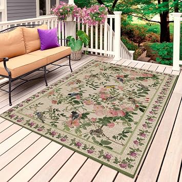 Beige Spring Floral Outdoor Rug 4 x 6, Elegant Pastoral Flowers Birds Watercolor Area Rug for Outdoor Indoor, Non Slip Outside Large Rugs Carpet for RV Patio Backyard Picnic Camping Porch Deck