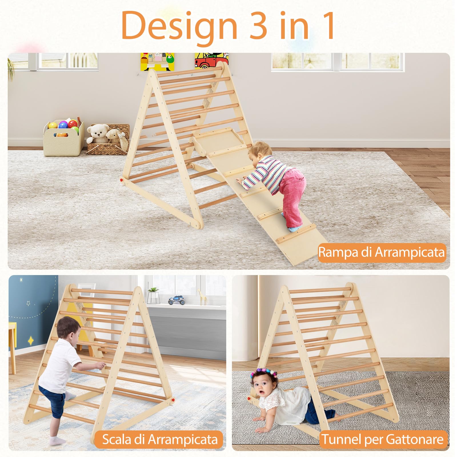COSTWAY Triangolo a Gradini, Scala Giochi Arrampicata a Triangolo, con Scivolo, Palestra Coperta da Casa, Legno, Ideale per Bambini 3+ Anni (naturale)