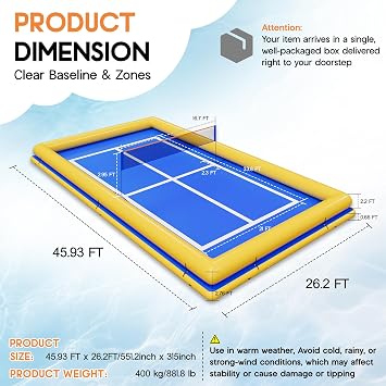 SPECRAFT 4626 FT Commercial Inflatable Pickleball & Volleyball Court, Floating Arena with PVC Platform and Quick-Setup Net, Floating Mat for Lakes & Pools, Blue & Yellow