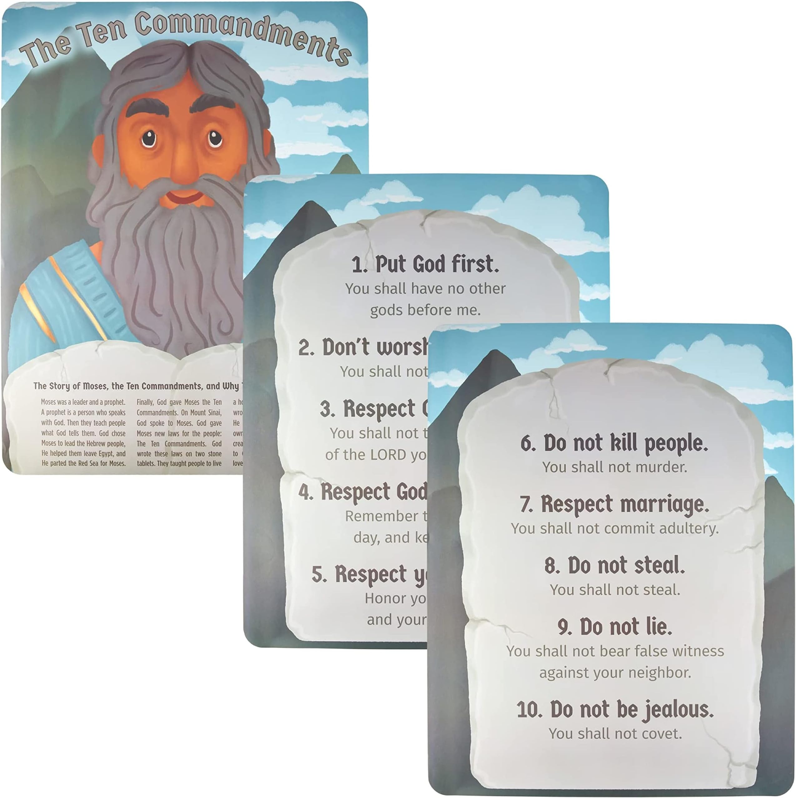 Moses and the Ten Commandments Bible Posters, 3-Pack - Reversible Portrait/Landscape Wall Decor for Kids - Decorations for Early Education, Classroom, Church, Sunday School, or Children's Room