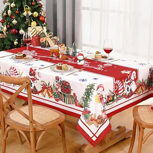 Miniatura 3 de Yinhua Mantel de Navidad, mesa rectangular de Papá Noel, muñeco de nieve, color rojo, lavable, para fiesta de Navidad, picnic, mantel impermeable de