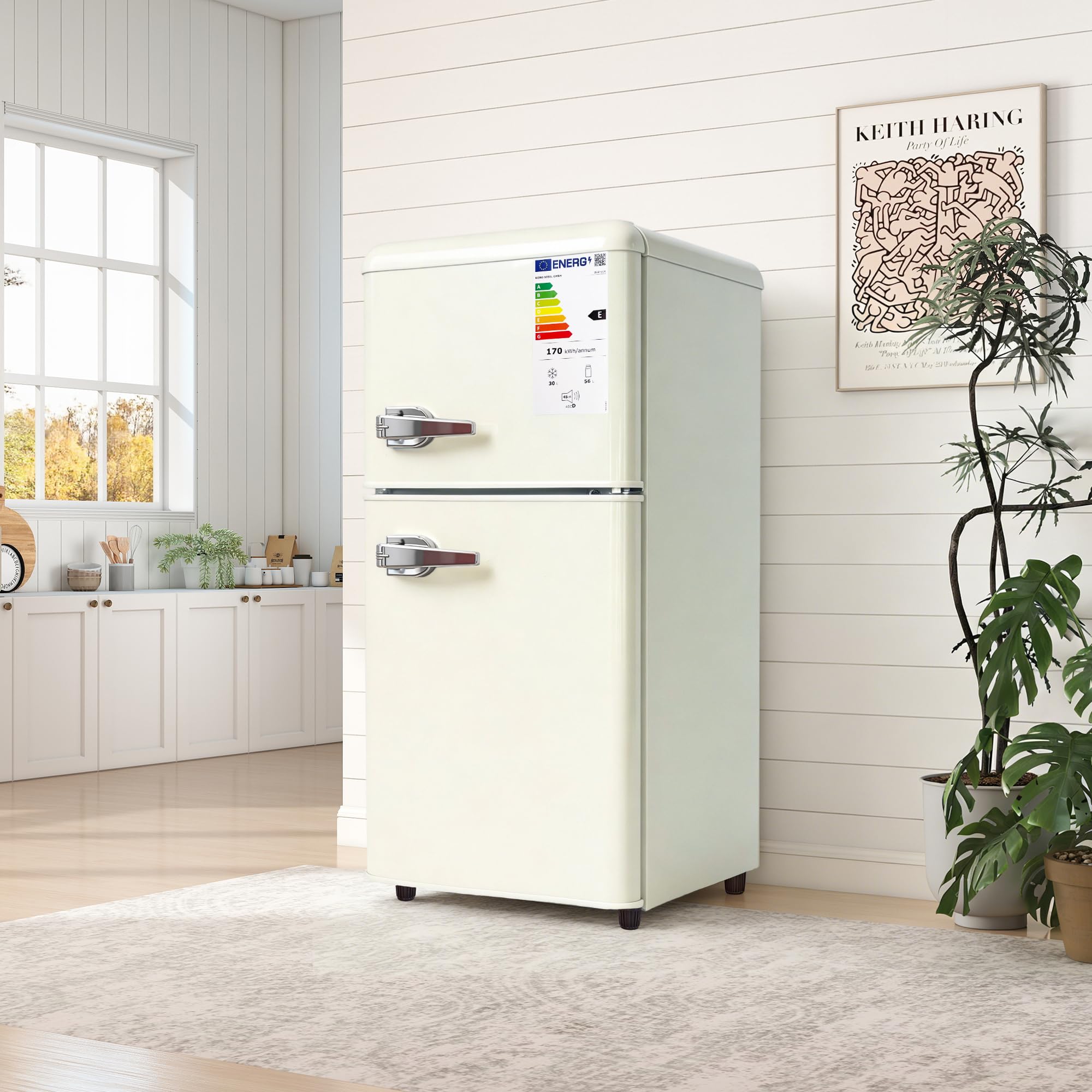 Sweiko Réfrigérateur à deux portes (86 litres), compartiment réfrigérateur 56 litres + compartiment congélateur 30 litres, 7 niveaux de réglage de la température, classe énergétique E (Off White)