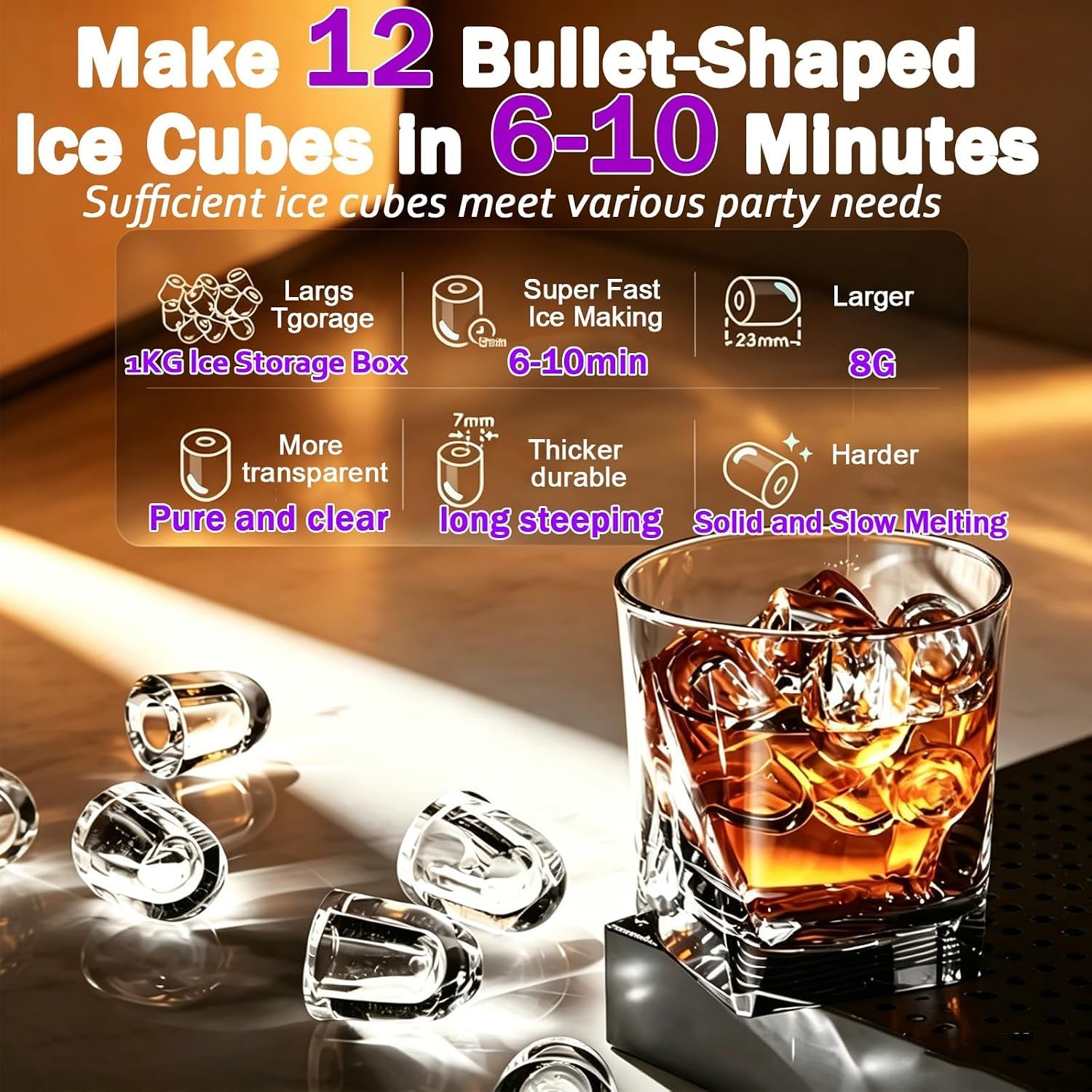 Máquina de hielo multifuncional de sobremesa con dispensador de hielo picado y agua fría, 12 cubitos en 6-10 minutos, 5 ajustes, para cocina, oficina y bar.
