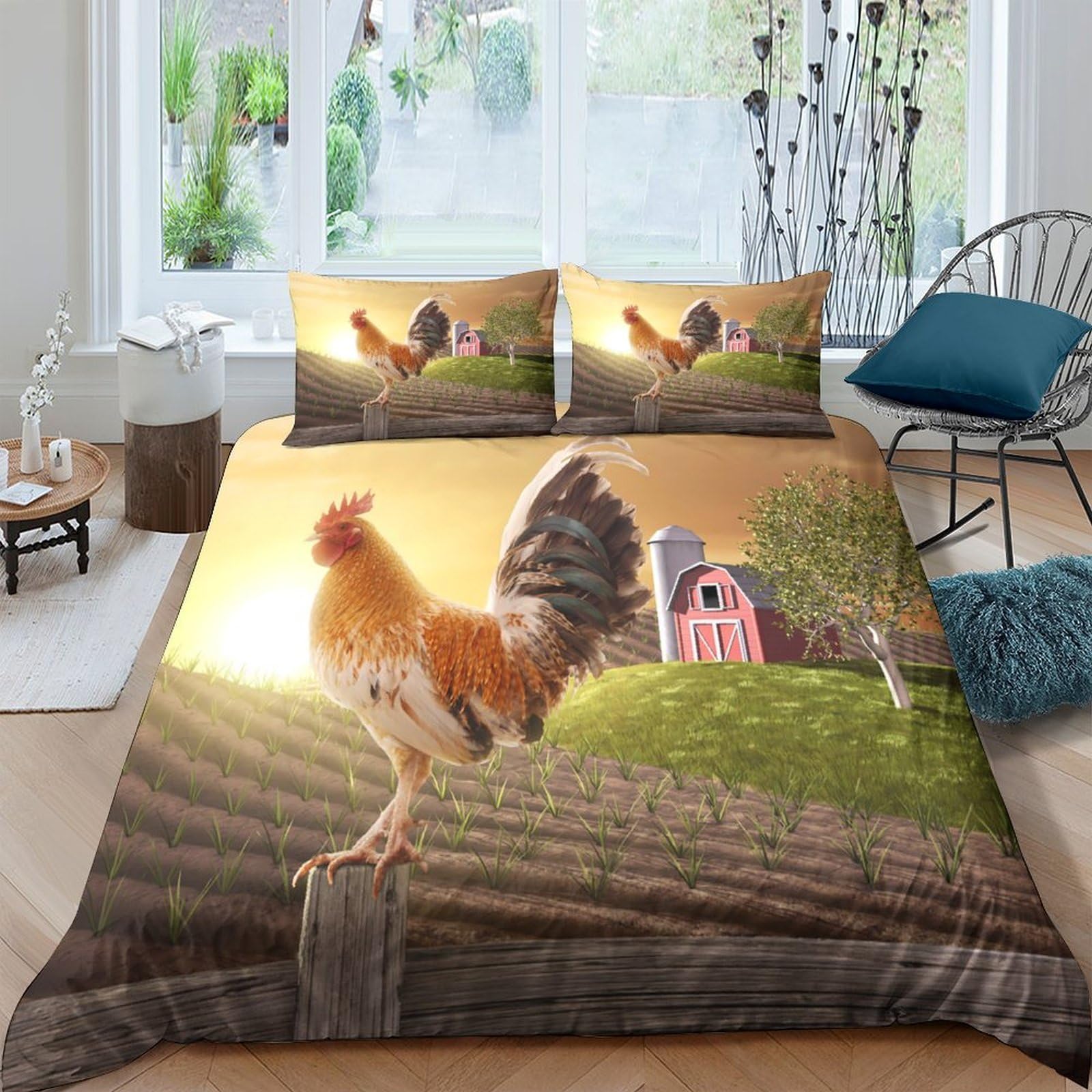 Ctjqhvkz Style-3 3D Printed Sunrise Rooster Fitted Sheet Microfiber Farm Barn Mattress Cover For Bedroom Dorm Room Decor Protection Single（135X200cm）