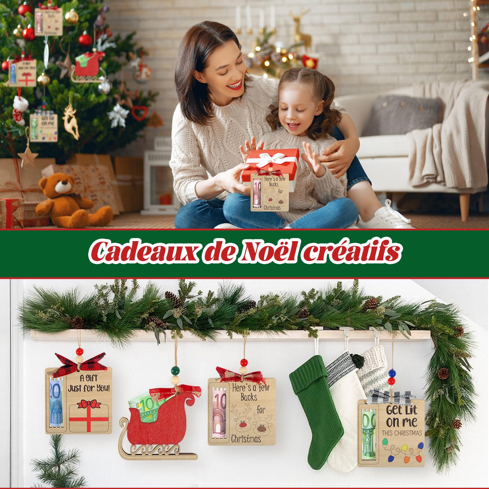 Carte De Vœux De Noël En Bois - Porte-Billets Décoratif Pour Cadeaux Argent, Idée Cadeau Créative - 9