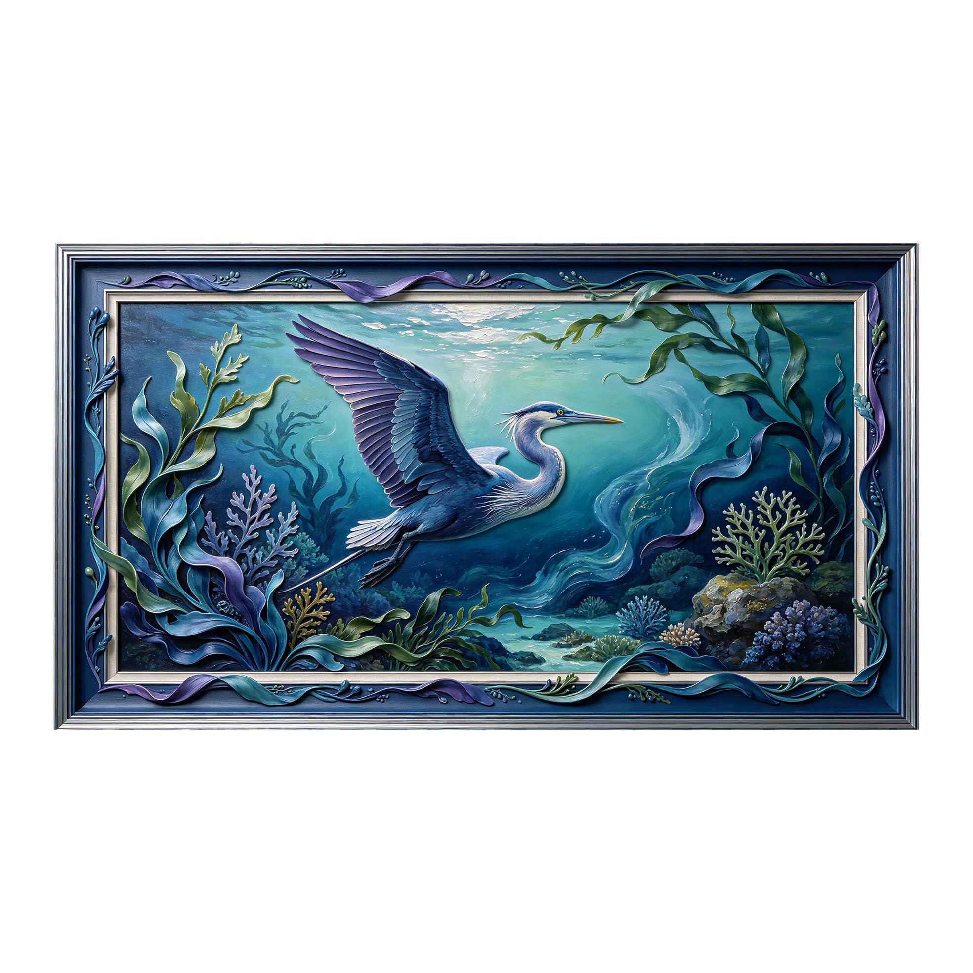 Yzpallescene 3D 3D Framed Wall Art 50cm×90cm Underwater Ocean Seascape Blue Heron Oil Painting Large Size SelfAdhesive Removable Wall Decor Prints Artwork for Living Room Bedroom Office