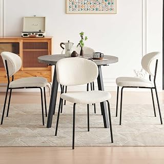 Howtek 5-Piece Dining Table Set, 37.4-Inch Grey Round Kitchen Table with MDF Board, Beige Boucle Upholstered Dining Chairs Set, Dining Room Table and Chairs Set for Living Room, Small Space, Apartment