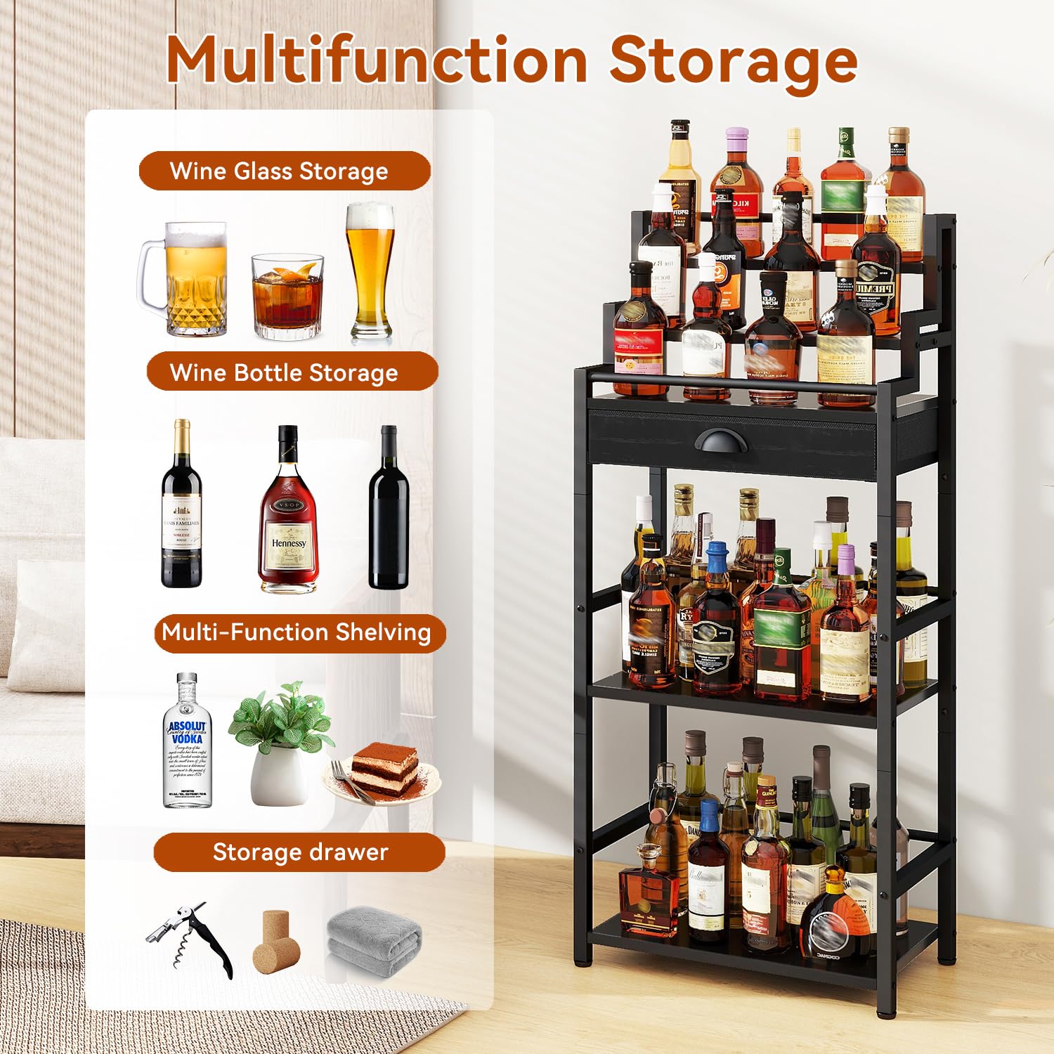 IBUYKE Stufen Weinregal, Freistehend, Weinschrank mit Schublade und Ausstellungsregal für Whisky, Trapezförmiges Flaschenhalter für Bar, Wohnzimmer, Esszimmer,Schwarz TMJ915B