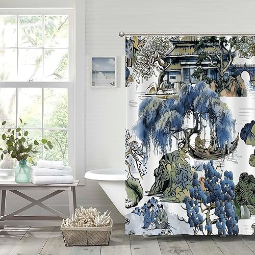 Miniatura 1002 de Cortinas de ducha de baño con ganchos, 72 x 92 pulgadas, cortina de ducha de tela impermeable con diseño de flores y pájaros, cortina de ducha