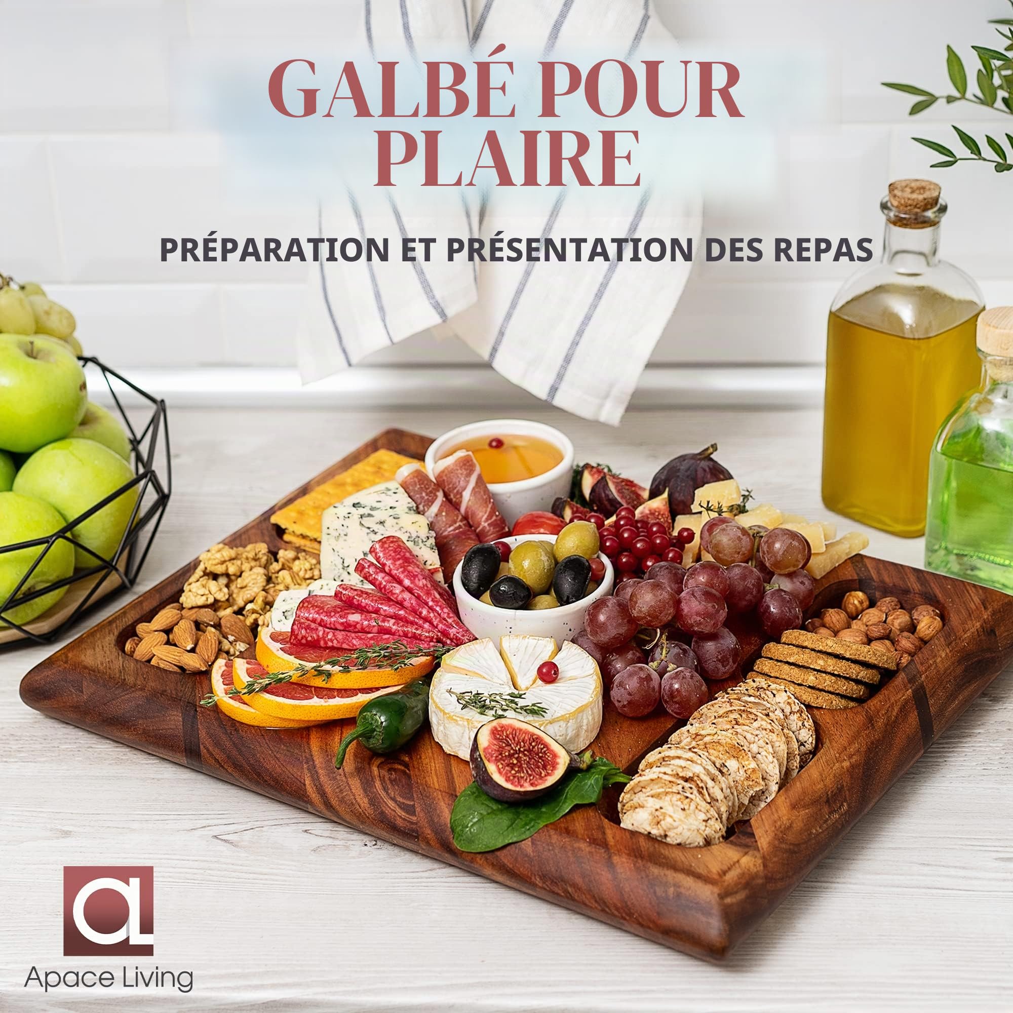 Planche à Découper Bois Contour - Grande Planche a Decouper en Acacia en Bois Durable, avec rainure pour les liquides - Peut être utilisée comme planche de service, 4 compartiments - 43 x 33 x 3,8