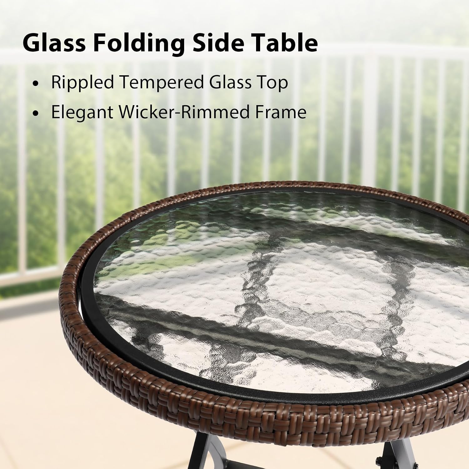 Outvita Folding Outdoor Side Tables for Patio, Durable Tempered Glass Top with Metal Frame Foldable Round Side Table, All Weather Rattan Portable Outside Furniture for Pool, Balcony, Deck, Porch