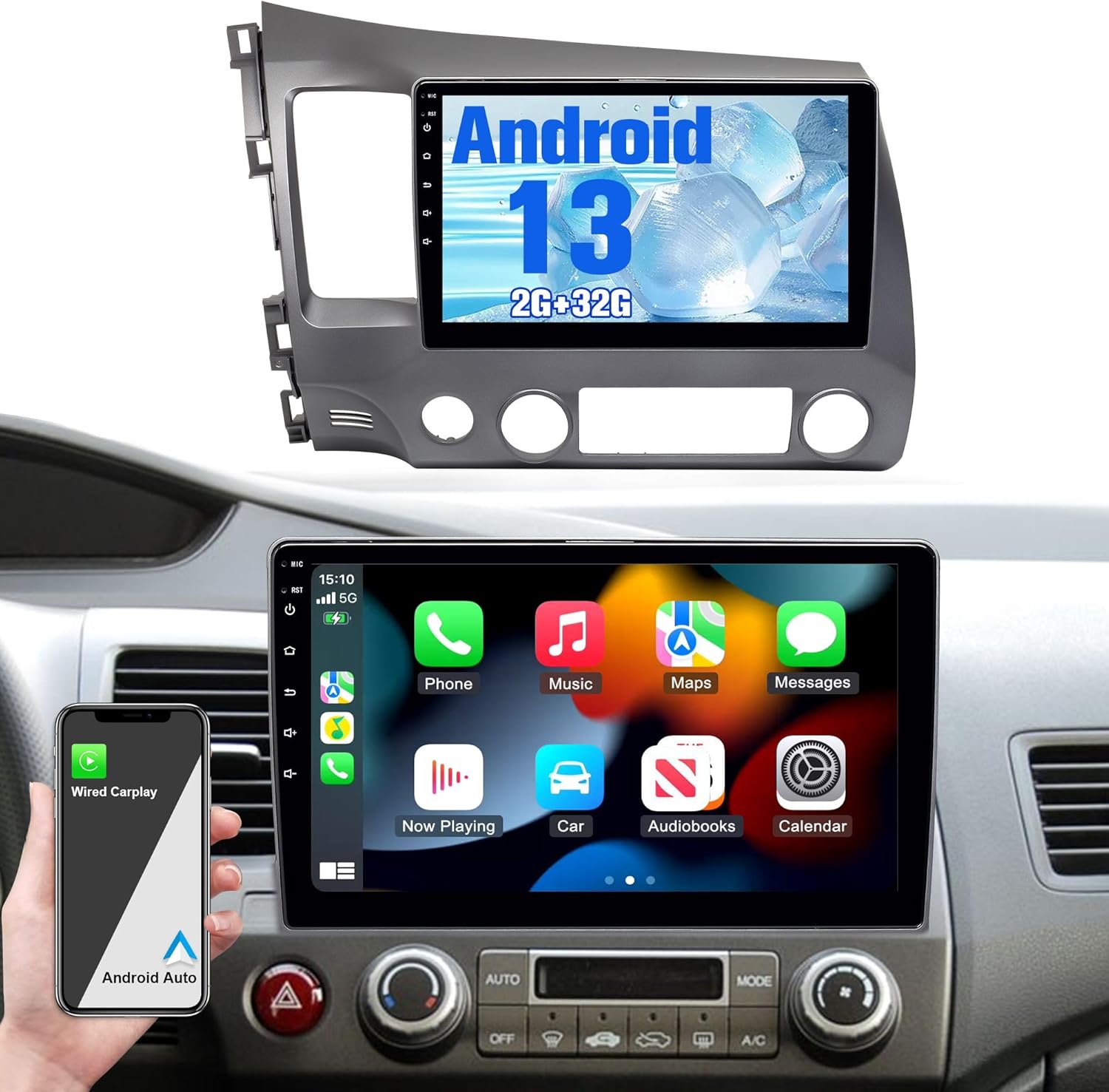 Radio for Civic: 64G Car Stereo with Bluetooth AM FM Carplay Auto for Honda Civic 2006-2011, 10.1" Aftermarket Touch Screen Android System Head Unit Car Play Headunit with Backup Camera GPS for Apple