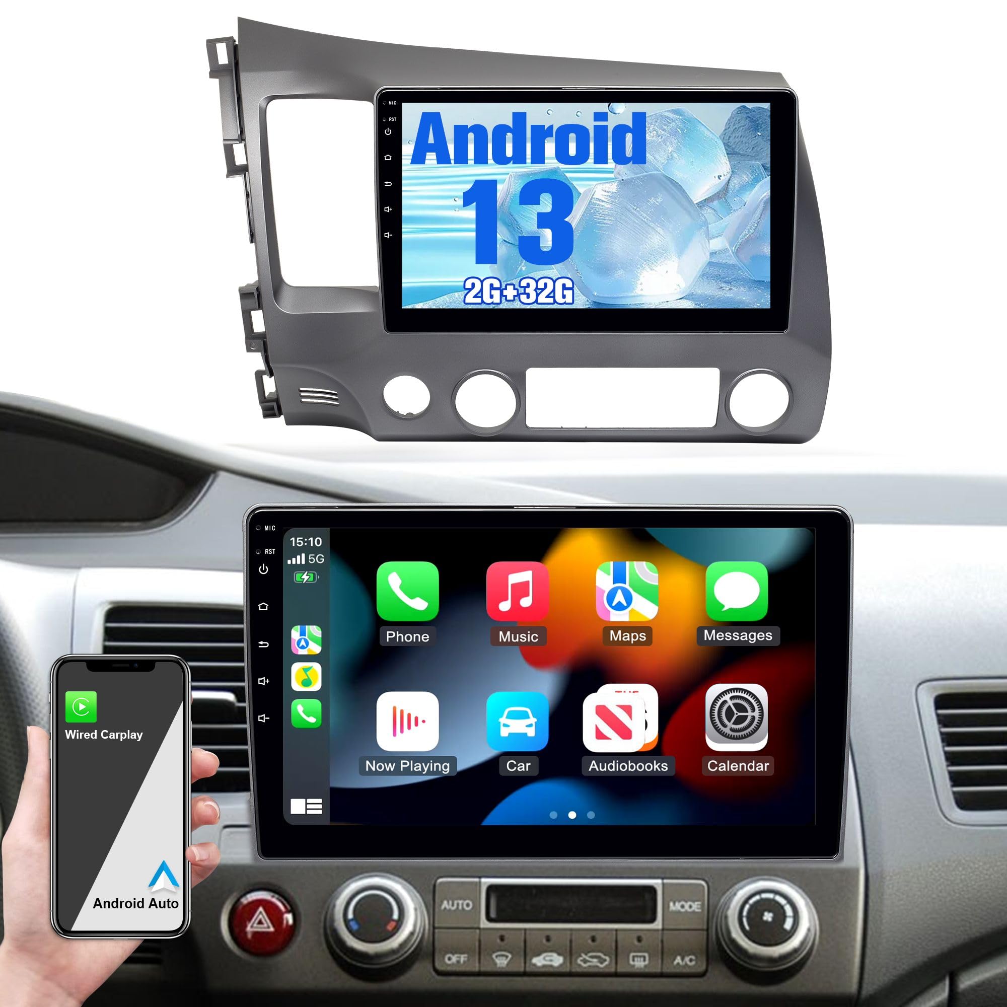 Radio for Civic: 64G Car Stereo with Bluetooth AM FM Carplay Auto for Honda Civic 2006-2011, 10.1" Aftermarket Touch Screen Android System Head Unit