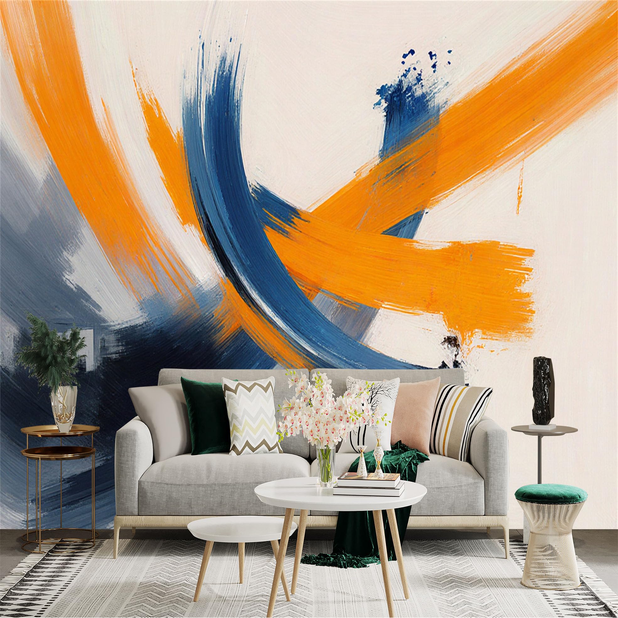 Custom Size Wall Sticker Mural， Abstract Oil Painting with Dynamic Blue and Orange Brush Strokes， Modern Minimalist Art， for wall Decoration， peelandstick wall Decals.