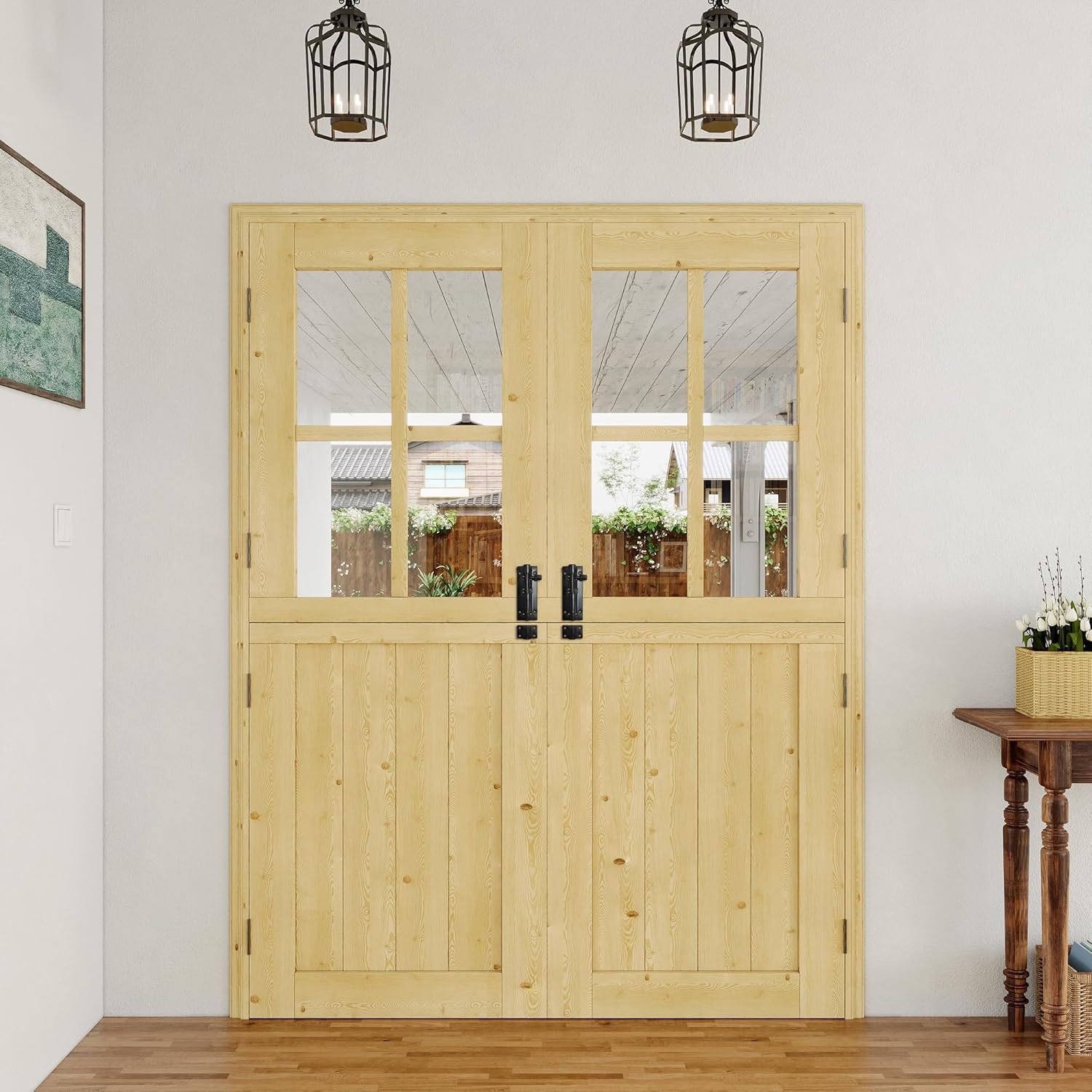 60 in x 80 in Exterior Dutch Door (Front/Back) - 1.75" Thick Solid Pine Interior Door, 4 Lite Clear Glass with Half Panel, Slab (Coffee Room/Kitchen/Entryway) w/8 Hinges + 2 Latch + 2 Slab