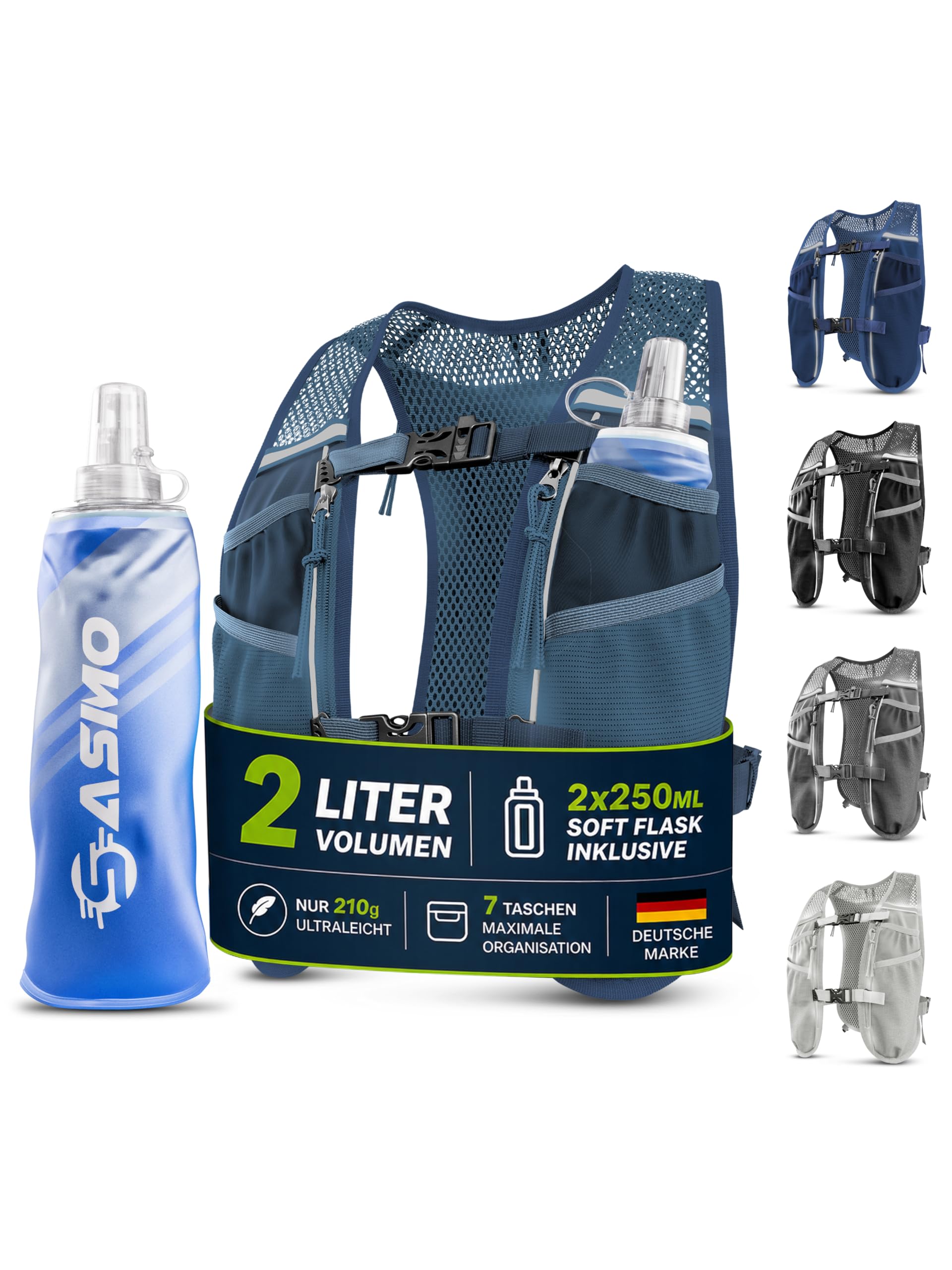 SASMO® Laufweste Damen & Herren 5L / 2L | Running Vest - Ultraleicht & atmungsaktiv| Laufrucksack Damen - 8 Taschen | Laufweste Herren | Trinkweste Laufen