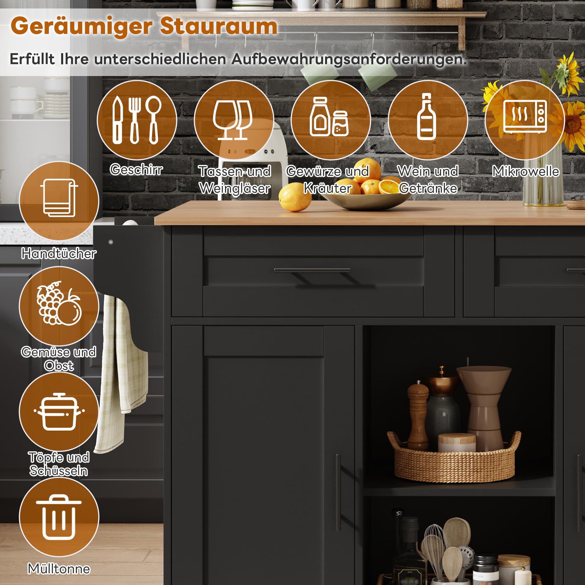 Kücheninsel mit Klappbare Arbeitsplatte 45-70 cm, Küchenschrank mit Schublade, Küchenwagen mit Rollen und Handtuchhalter