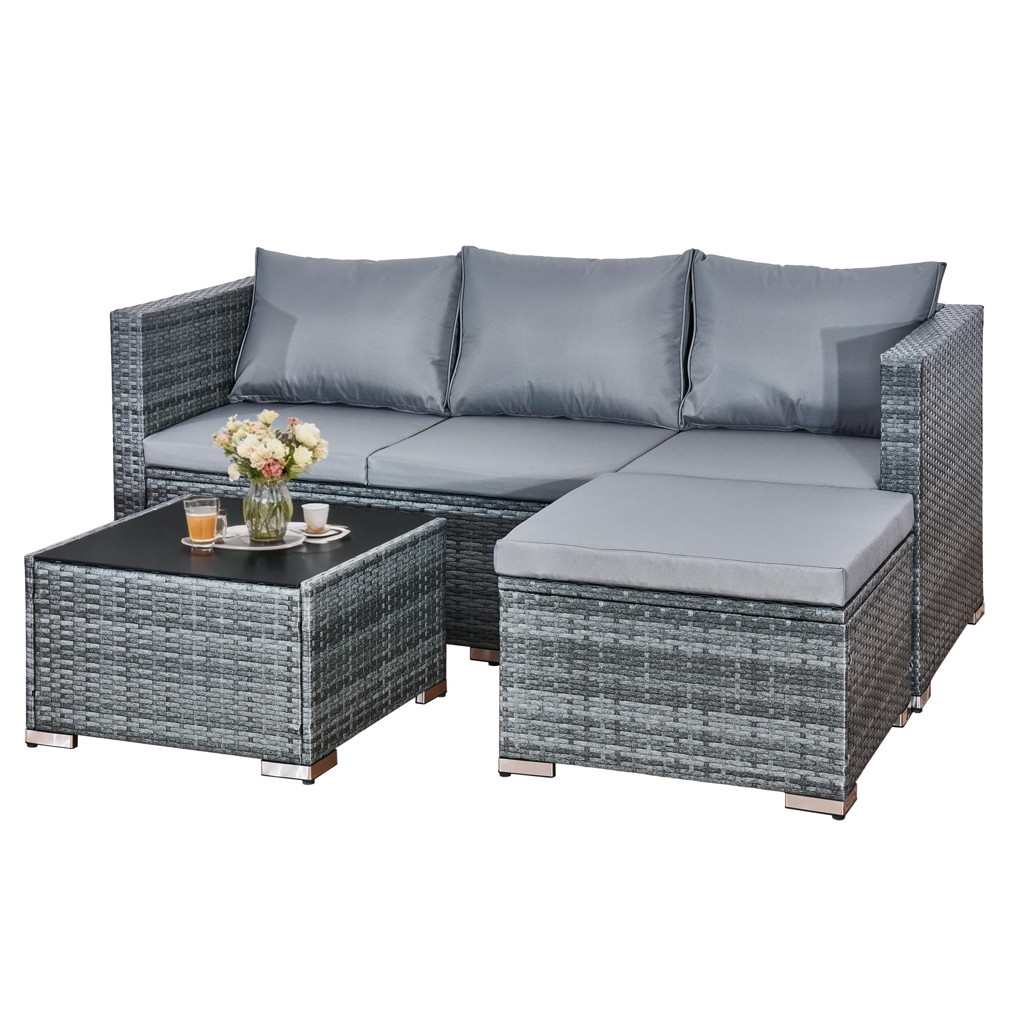 Aweather 3 Pcs Rattan Garden Furniture Set, Outdoor All-Weather Handwoven PE Corner Sofa