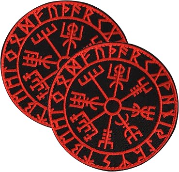 2 PCS AliPlus Viking Vegvisir Patches Helm of Awe Patches Embroidered Patches Tactical Morale Patch Hook and LoopRed Black