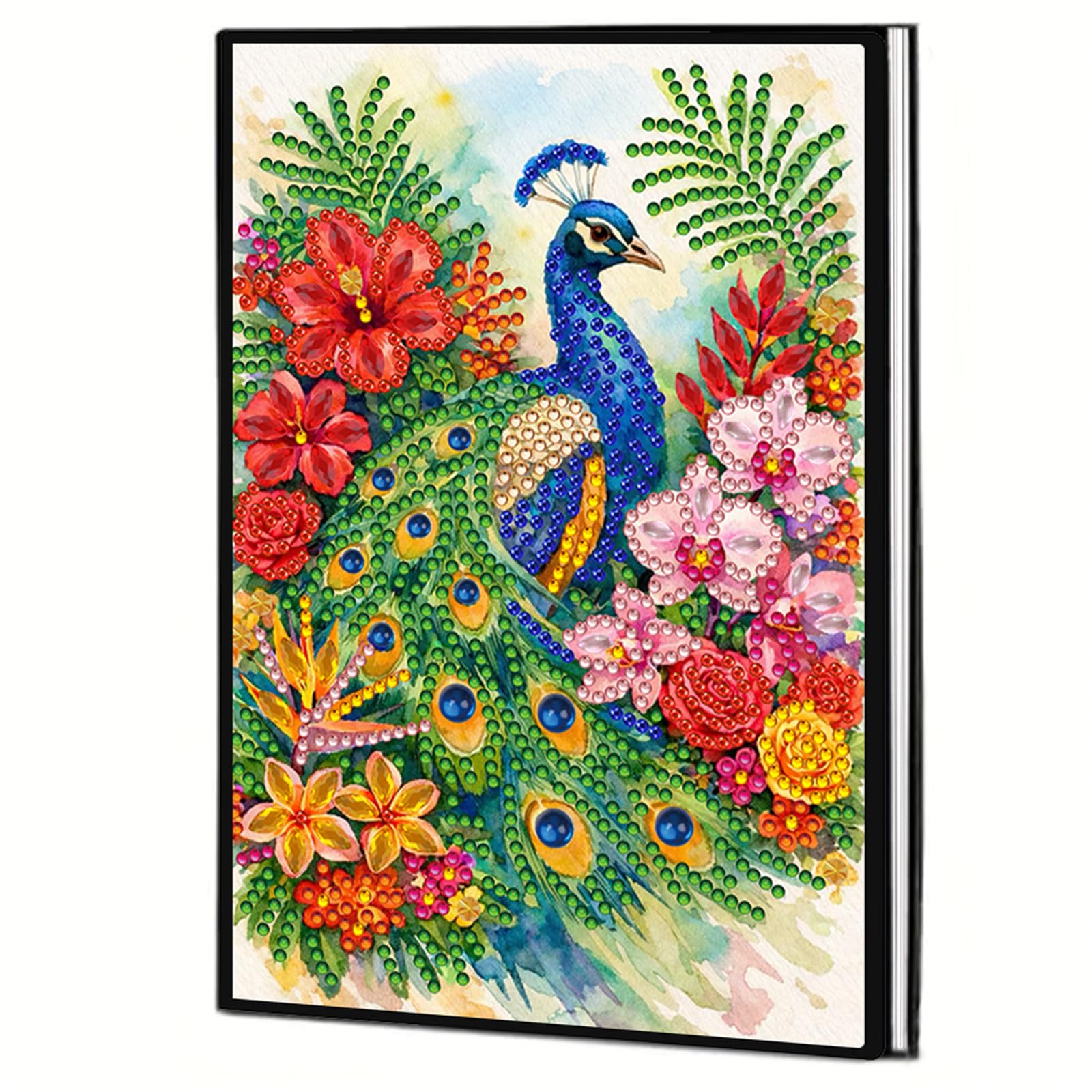 Diamond Art Notebooks — A5 Special Shape Diamonds Dot Painting Journal 50 Pages, DIY Gem Painting Kit Diamond Art Book Sketchbook Craft Gift for Adults Beginners(Peacock and Flowers)