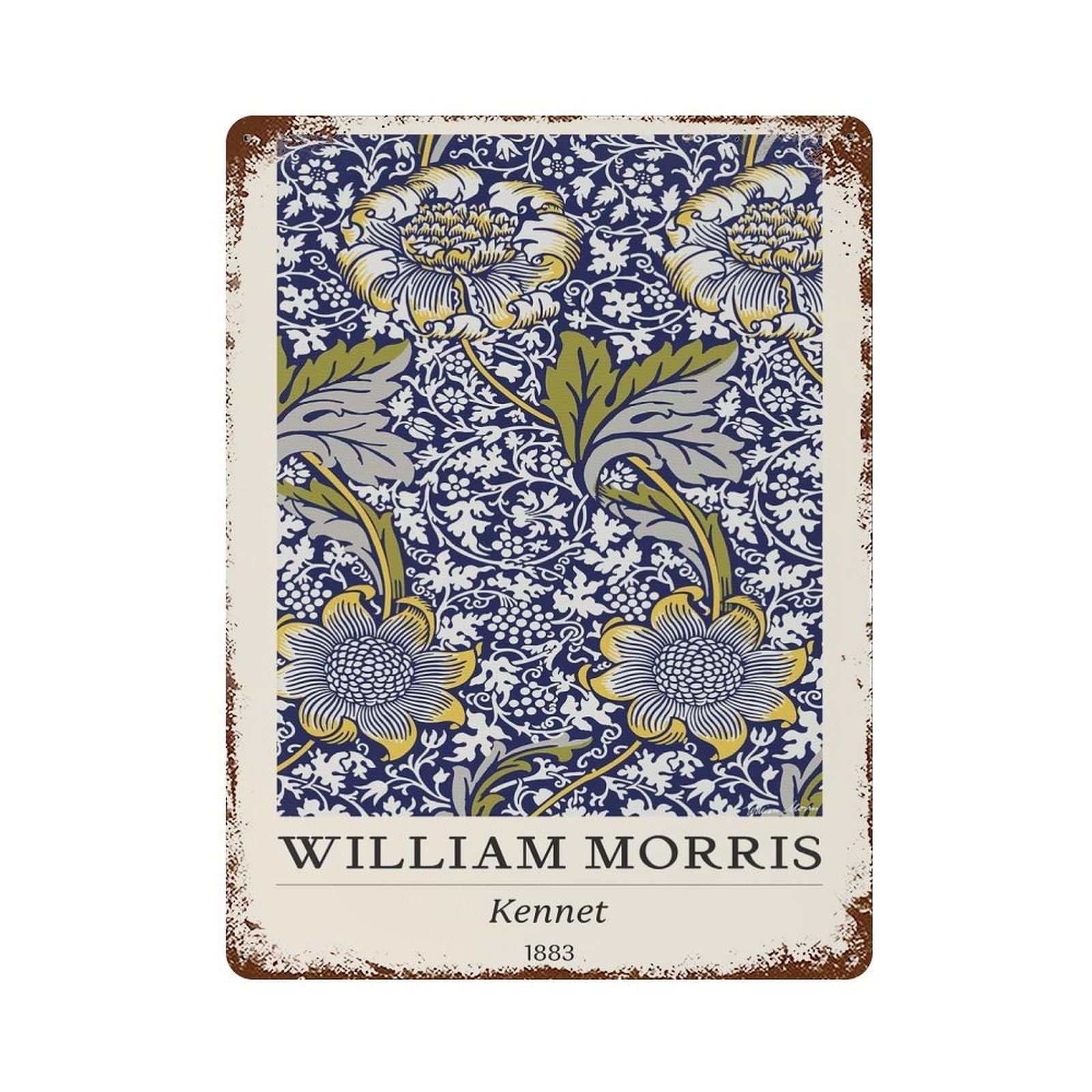 Rust Effect William Morris Kennet Floral Blue Rustic Tin Plaque 15.7"x11.8", Decorative Metal Wall Art for Farmhouse, Kitchen And Entryway Decor