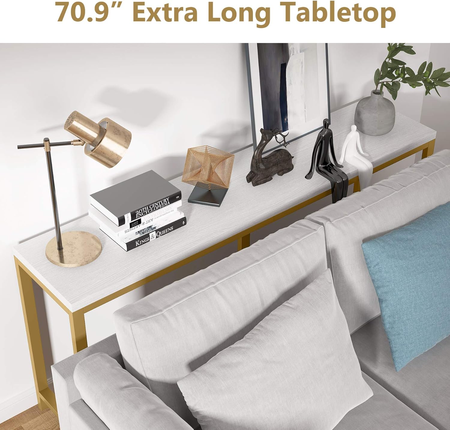 Tribesigns 70.9 inch Extra Long Sofa Table, Gold Console Table Behind Sofa Couch, Narrow Long Entryway Table Industrial Skinny Hallway Table for Living Room (Gold and White): Kitchen & Dining