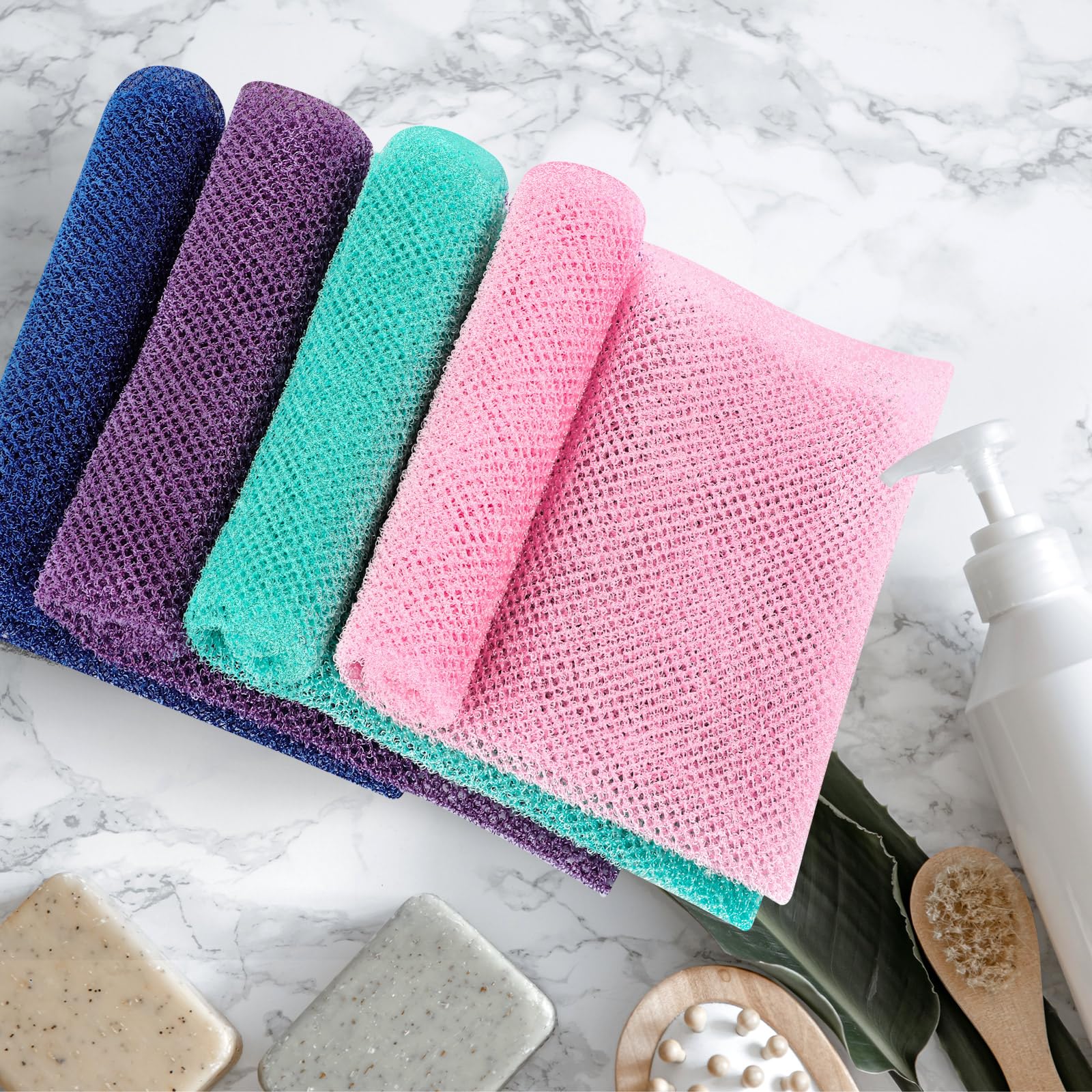 Teenyyou 4 piezas de red exfoliante africana africana toalla de tela colorida toalla de baño larga esponja toalla de baño cuerpo espalda exfoliante para ducha uso diario (cian, morado, rosa azul)