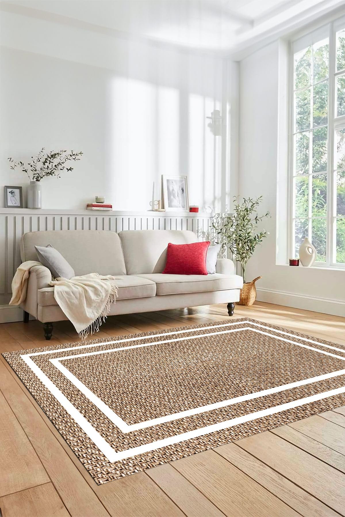 Evdeya Jüt-Hasır Desenli Dijital Baskı Kaymaz Taban Yıkanabilir Yolluk Koridor Salon Halısı JÜT-12, Kahverengi, 100 x 250