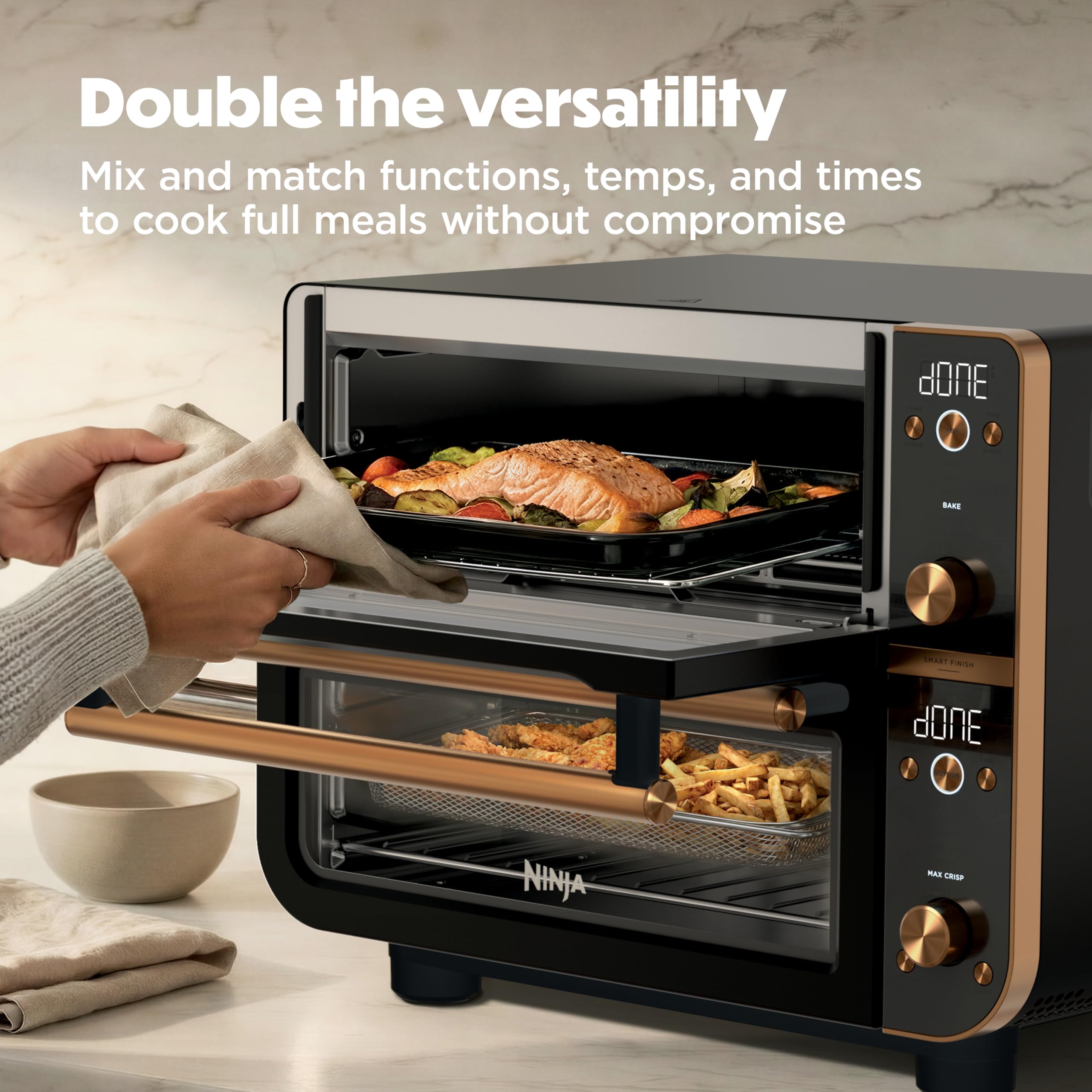 Ninja Double Oven Pro Smart XL - Forno da bancone e friggitrice ad aria | Versatilità 12 in 1 con finitura intelligente e tecnologia DualZone per cucinare 2 pasti alla volta, si adatta al pollo fino a