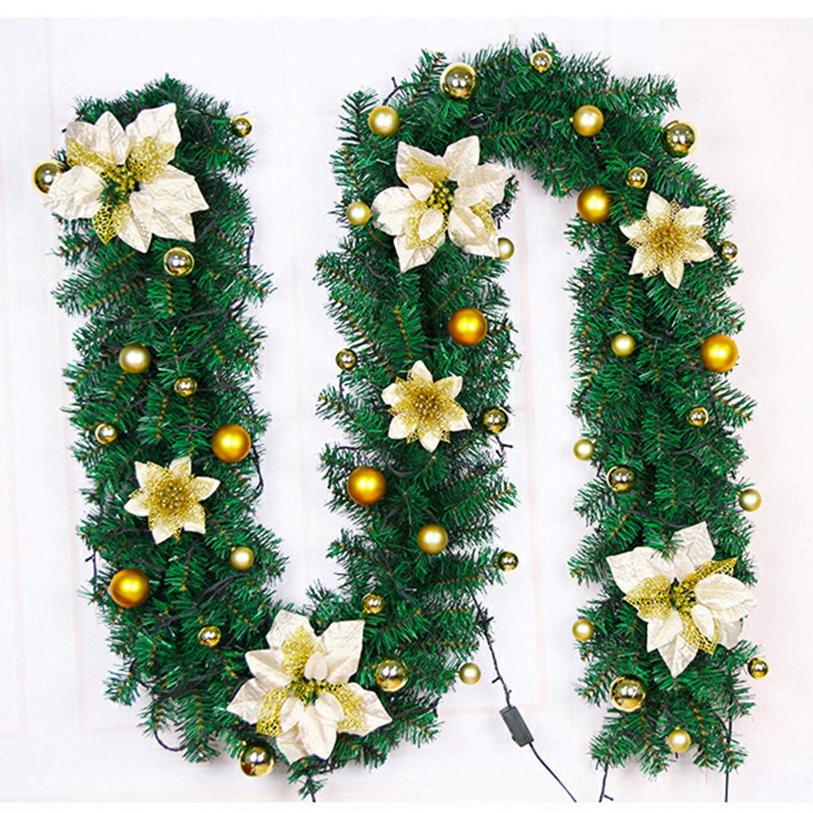 Weihnachtsgirlande, 270cm Künstliche Tannengirlande Weihnachts Girlande mit Beleuchtung Weihnachtsdekoration für Innen und Außen (Gold,ohne LED)