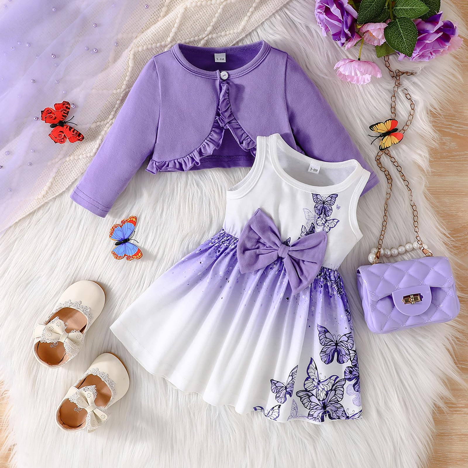 Vestito e cardigan per bambine Set farfalla floreale senza maniche serbatoio prendisole solido volant cappotto bambina inverno vestito bambino vestiti invernali