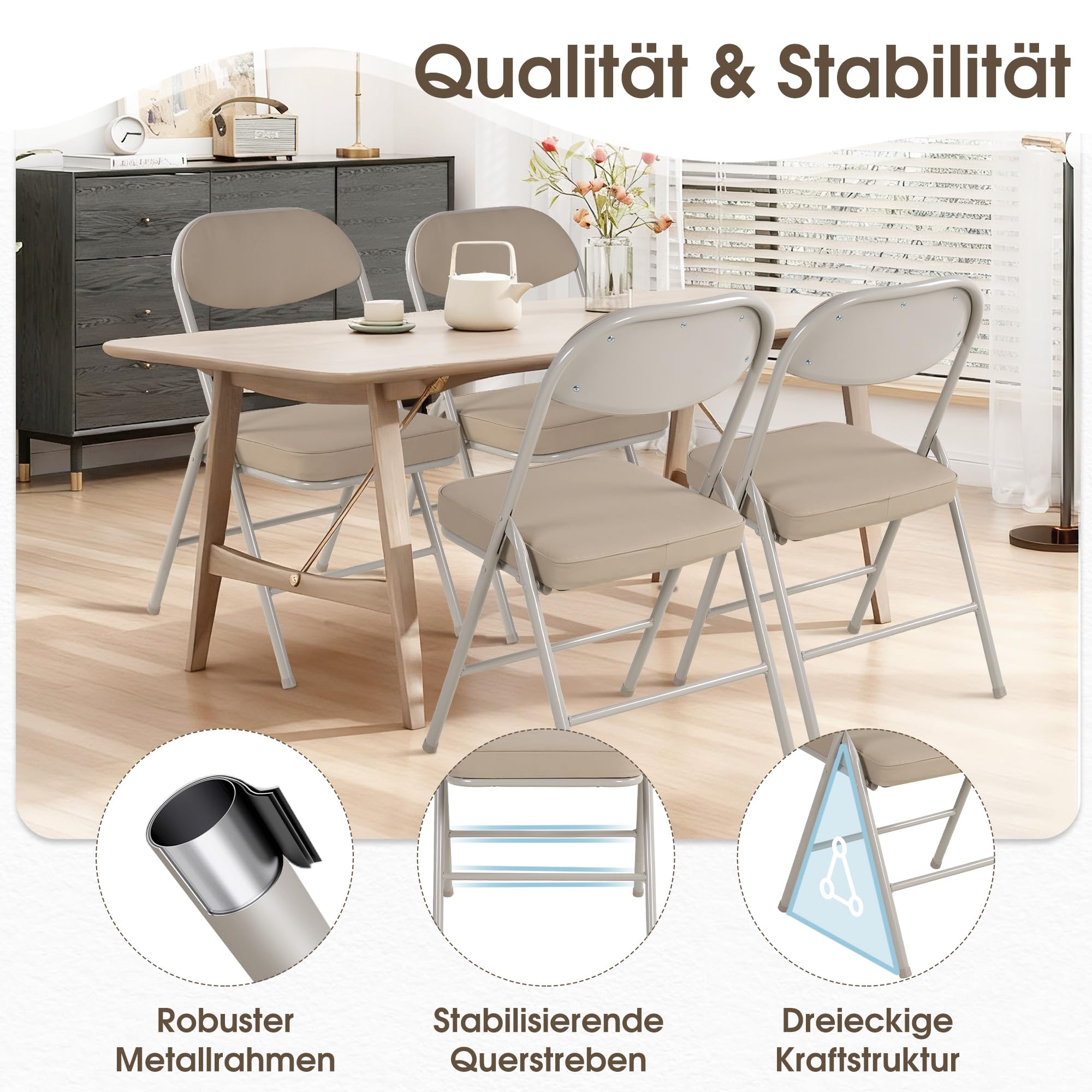 Klappstuhl mit Polster, Klappstühle 4er, Verstärkte Gepolstert, Tragbarer und Bereits montierter Klapp-Essstuhl für Gäste, Küche, Büro, Hochzeit und Party，Beige