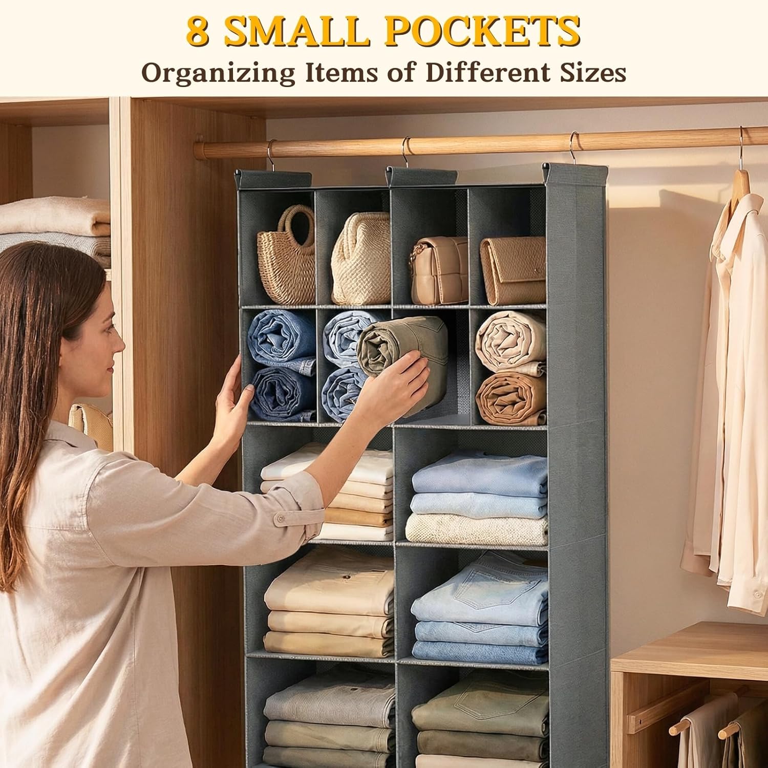 Ofiray-home 5 Tier Hanging Closet Organizer, 14 Compartments Sweater Organizer for Closet with 3 Sturdy Hooks, Closet Organizers and Storage, Wardrobe, Rv, Garment Rack, Grey