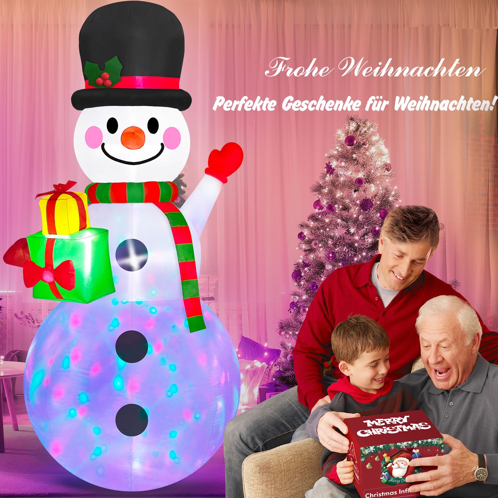 2,44M Schneemann Aufblasbare Weihnachtsdeko mit Farbiger LED-Beleuchtung