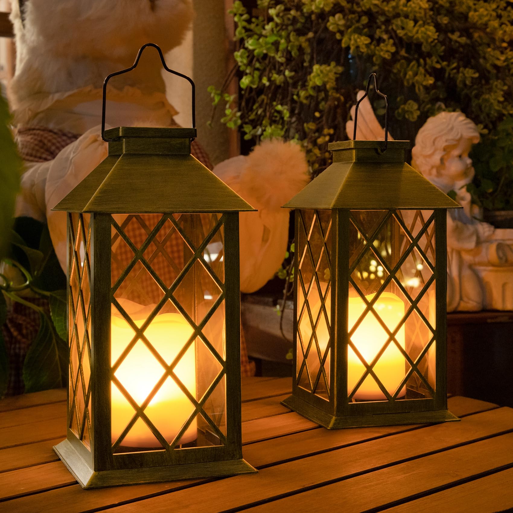 TAKE ME 14" Solar Lanterns Outdoor Waterproof Garden Lanterns Large Flickering Flameless Candle Mission Lights for Table,Outdoor,Party Mothers Day Gifts ( 2 Packs Brush-Painted Antique Bronze Color)