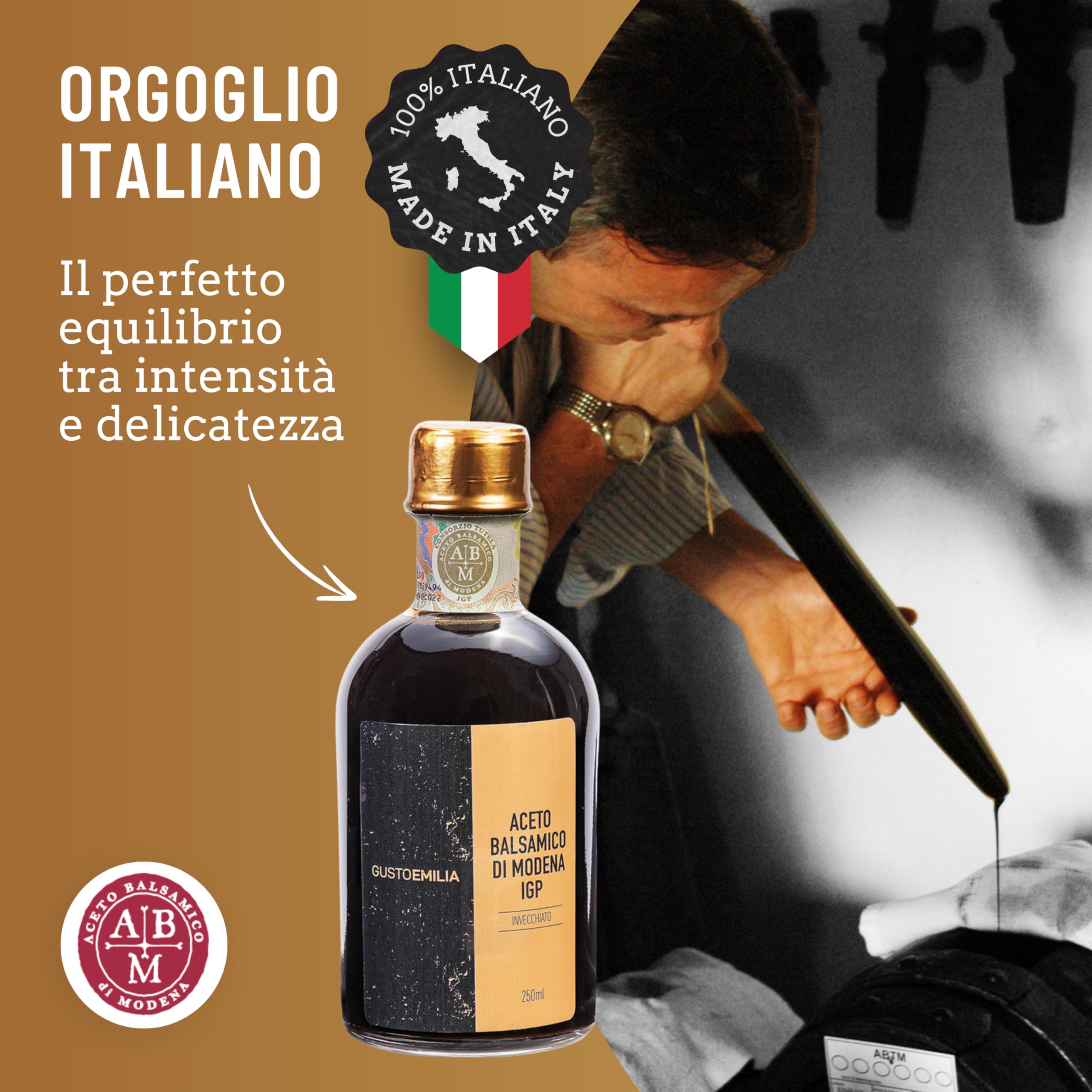 GUSTOEMILIA - Aceto Balsamico di Modena I.G.P. Autentico Tradizionale Invecchiato Qualità Sigillo Oro Bottiglia da 250 ml
