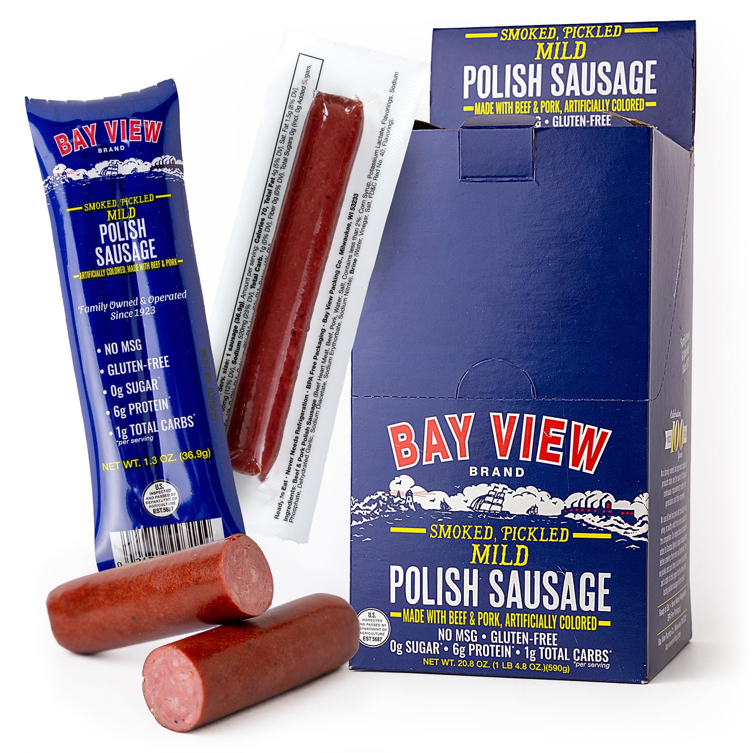 Bay View Smoked Pickled Polish Sausage, Individually Wrapped, No MSG, Gluten Free, No Soy, 0g Sugar, 6g Protein, Hardwood Smoked, Mouthwatering Pickled Snack (16 Count, Mild)