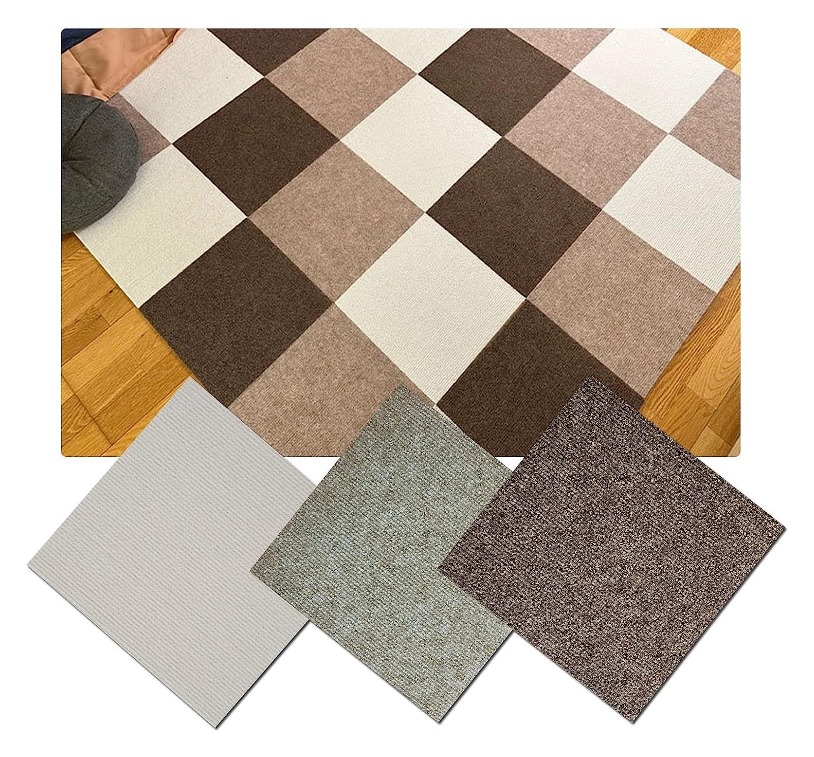 Carpet Squares, Carpet Tiles 12x12in Self-Priming Splice Loop Pile Carpeting(White+Light Curry+Curry,12pcs)