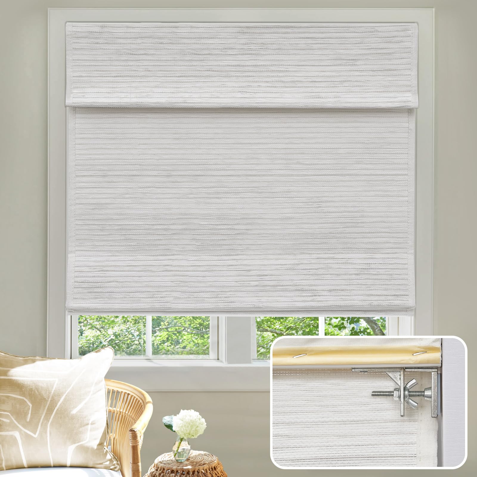 Moonice No Tools No Drill Cordless Roman Shades for Window Blackout, Natural Woven Fabric Privacy Room Darkening Blinds, Thermal Insulated Easy