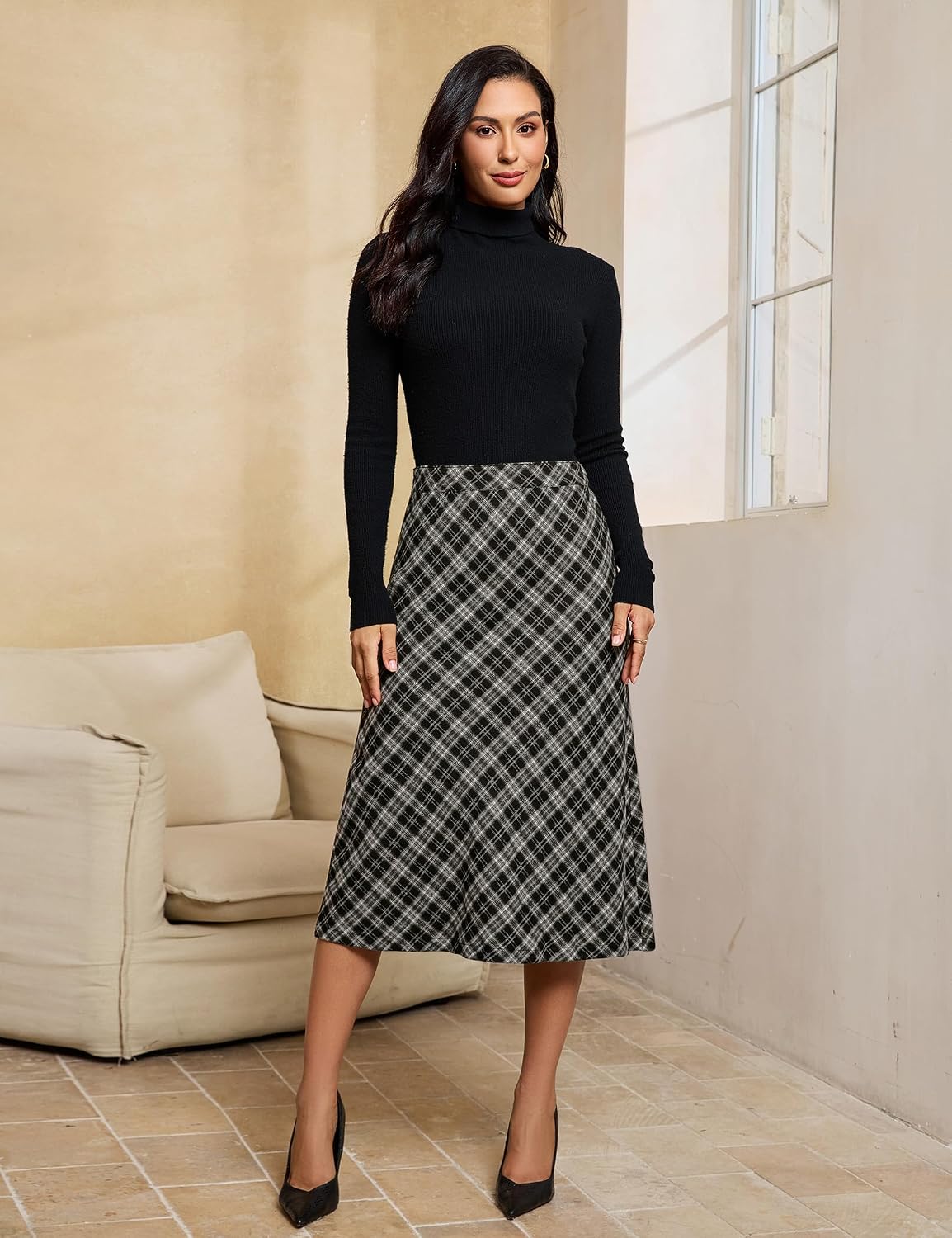 luvamia Plaid Skirts for Women Midi Length High Waisted Trendy A Line Elastic Waist Casual Office Work Fall Skirt