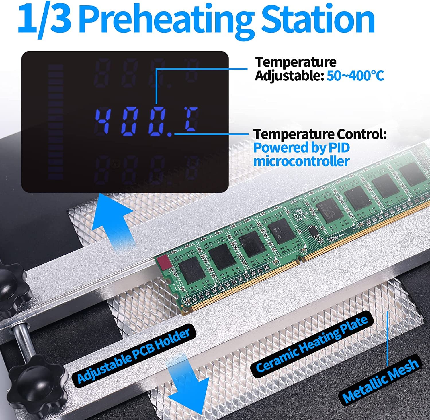 YIHUA 853AAA SMD Estación de soldadura de aire caliente, Juego de estación de soldador y retrabajo, Placa de precalentamiento 3-EN-1 con accesorios(EU Plug)