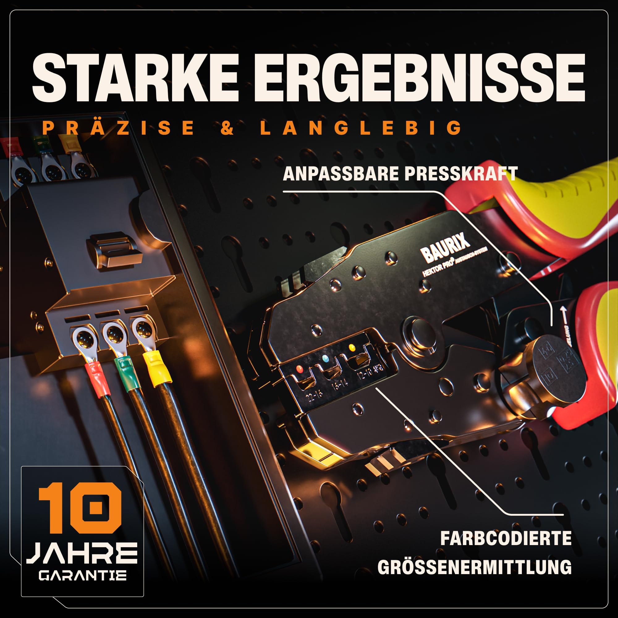 BAURIX® Crimpzange mit 6 Wechselbacken & Abisolierzange inkl. 700 Kabelschuhe & 2000 Aderendhülsen – Elektriker Werkzeug für Kabelschuhe, Flachsteckhülsen & Aderendhülsen