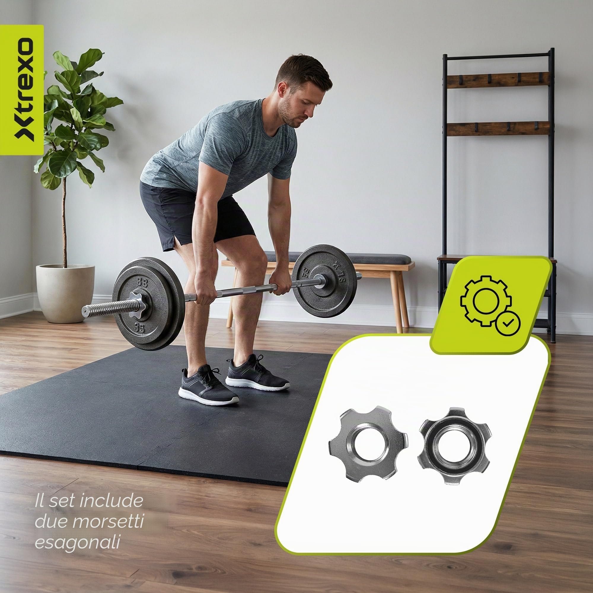 XTREXO TX bilanciere 180 cm – 8,7 kg, capacità di carico 140 kg, diametro 28 mm, acciaio al carbonio, zigrinatura, chiusure a stella, per allenamento di forza a casa, panca, squat, canottaggio