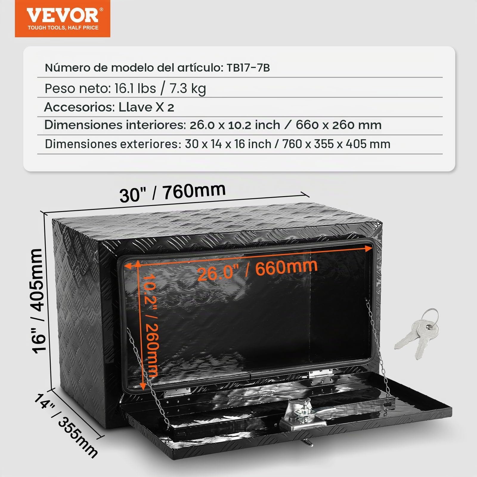 VEVOR Caja de Herramientas para Camión 760 x 355 x 405 mm Caja de Bastidor Inferior Caja de Almacenamiento de Aleación de Aluminio Montaje Inferior con Cerradura y Llaves para Remolques, Negro