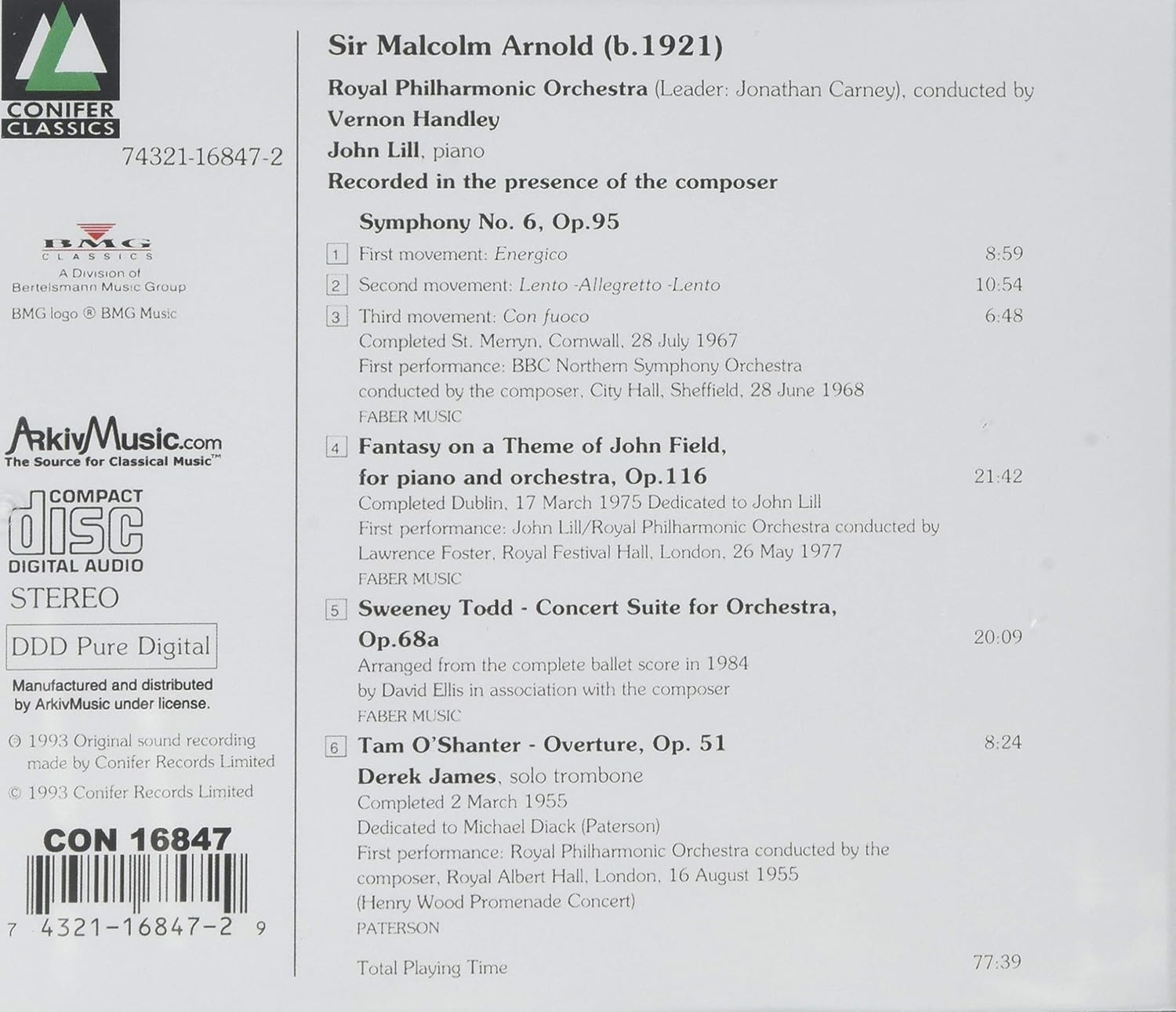 CD back cover of Symphony 6 by Malcolm Arnold from Vernon Handley and the Royal Philharmonic Orchestra on Conifer